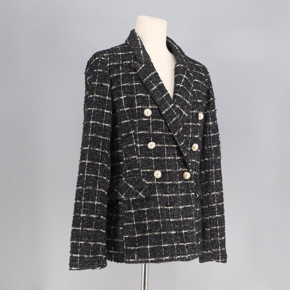 NWT RACHEL ZOE Tweed Double-Breasted Windowpane Blazer Pearl Buttons Size M - Picture 2 of 9